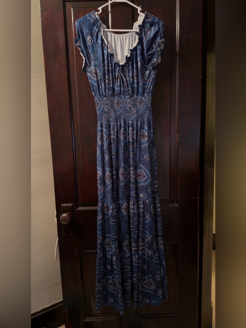 Sleeveless Blue Patterned Maxi Dress - Smocked Waist